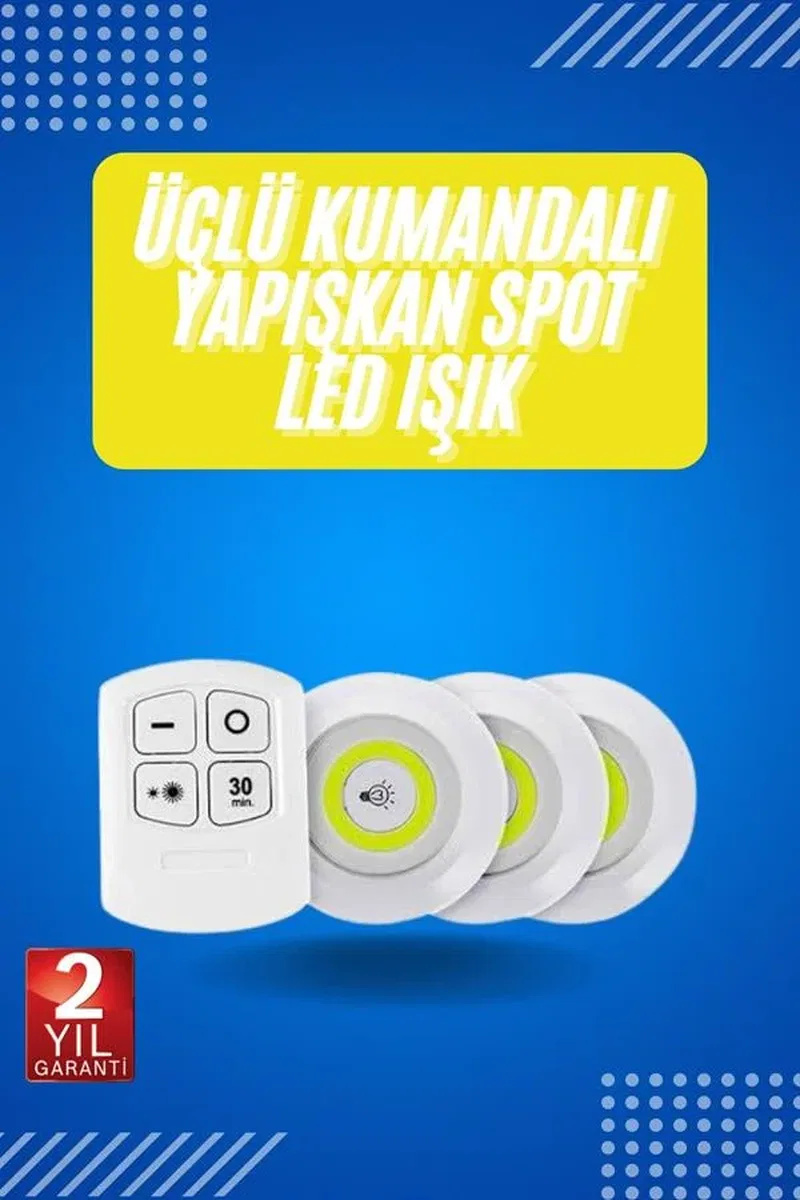 Yapışkanlı 3'lü Spot Led Işık Lamba Montajsız Pilli Uzaktan Kumandalı görsel 2