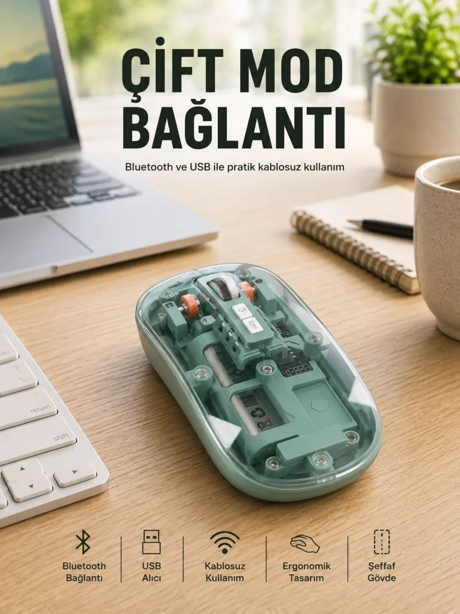 Pilli Kablosuz Mouse Bluetooth Ve Usb Uyumlu Sessiz Tıklama Yeni Nesil