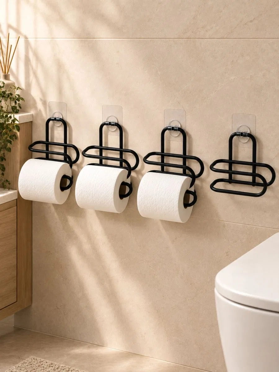 Delmeden Monte Tuvalet Kağıdı Askısı Siyah Metal Yapışkanlı Banyo Kağıtlığı 4’lü Set görsel 3