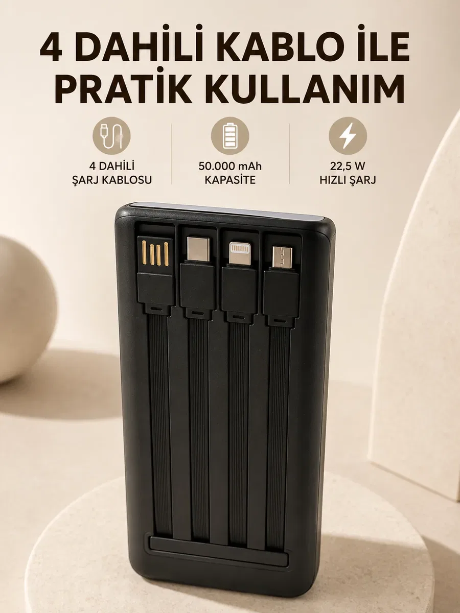 Hızlı Şarj Powerbank 50. 000 mAh 4 Dahili Kablolu LED Aydınlatmalı Dijital Göstergeli Taşınabilir Batarya