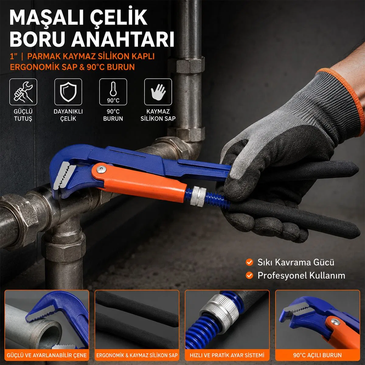 1 inç Çelik Boru Anahtarı (Silikon Saplı, 90° Maşalı) görsel 2