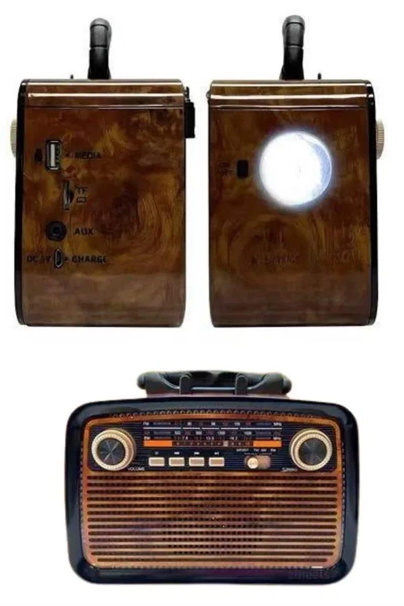 Nostalji Radyo Bluetooth Hoparlör USB-SD Kart Giriş Led Fener Işıklı Bataryalı Pilli görsel 4