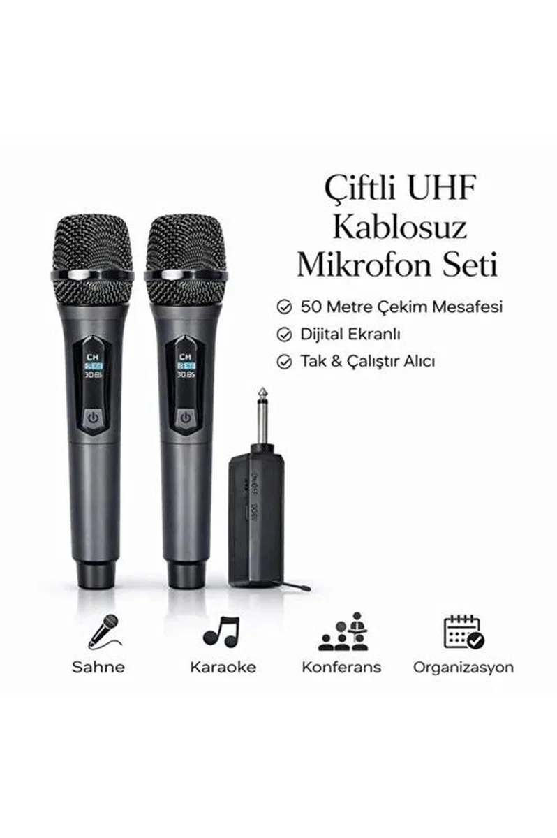 Profesyonel Çiftli Kablosuz Mikrofon Seti Karaoke Şarj Edilebilir 50 Metre görsel 3