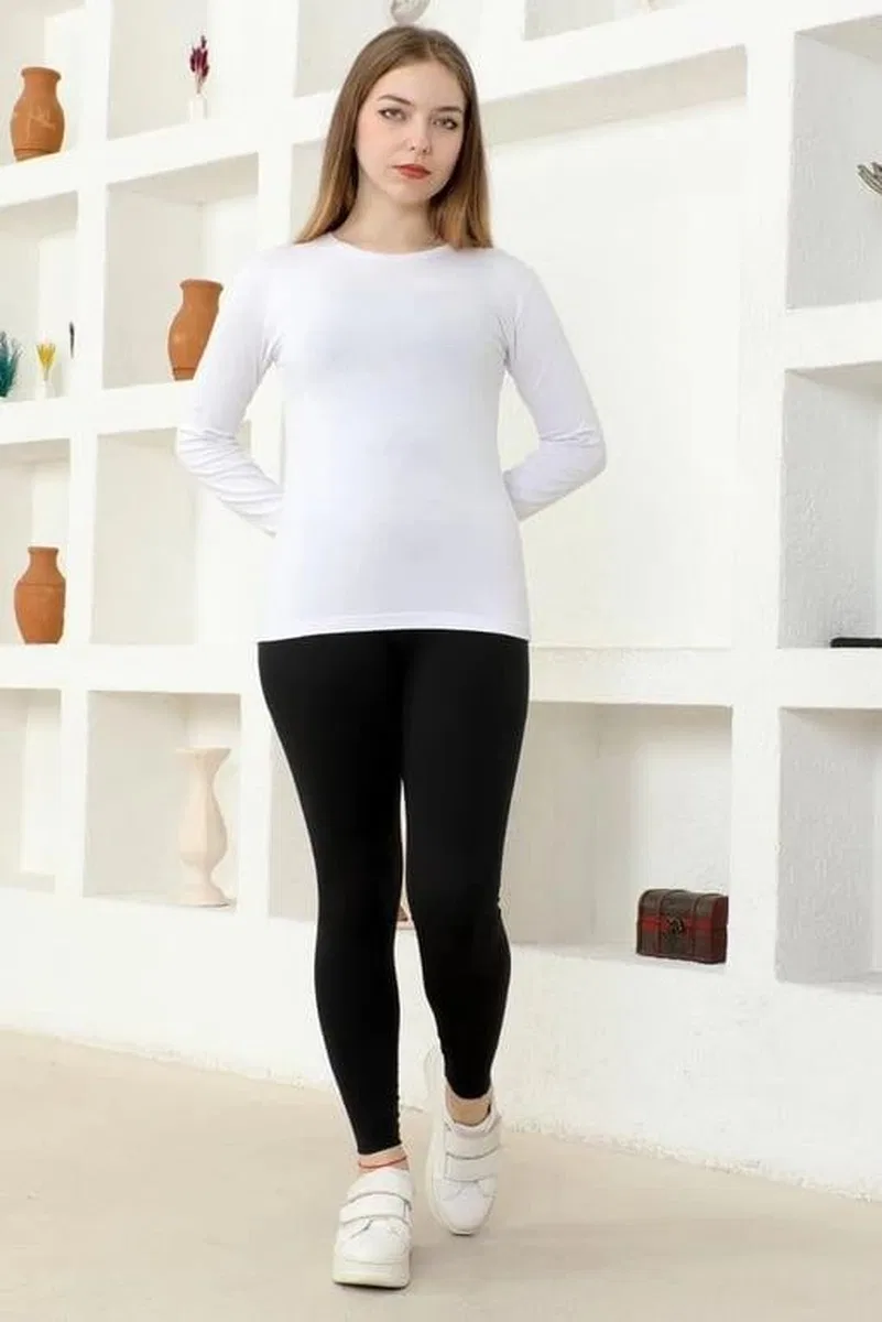 Rahat Ve Şık Uzun Kollu Bisiklet Yaka Likralı Viskon Penye Body Beyaz görsel 3
