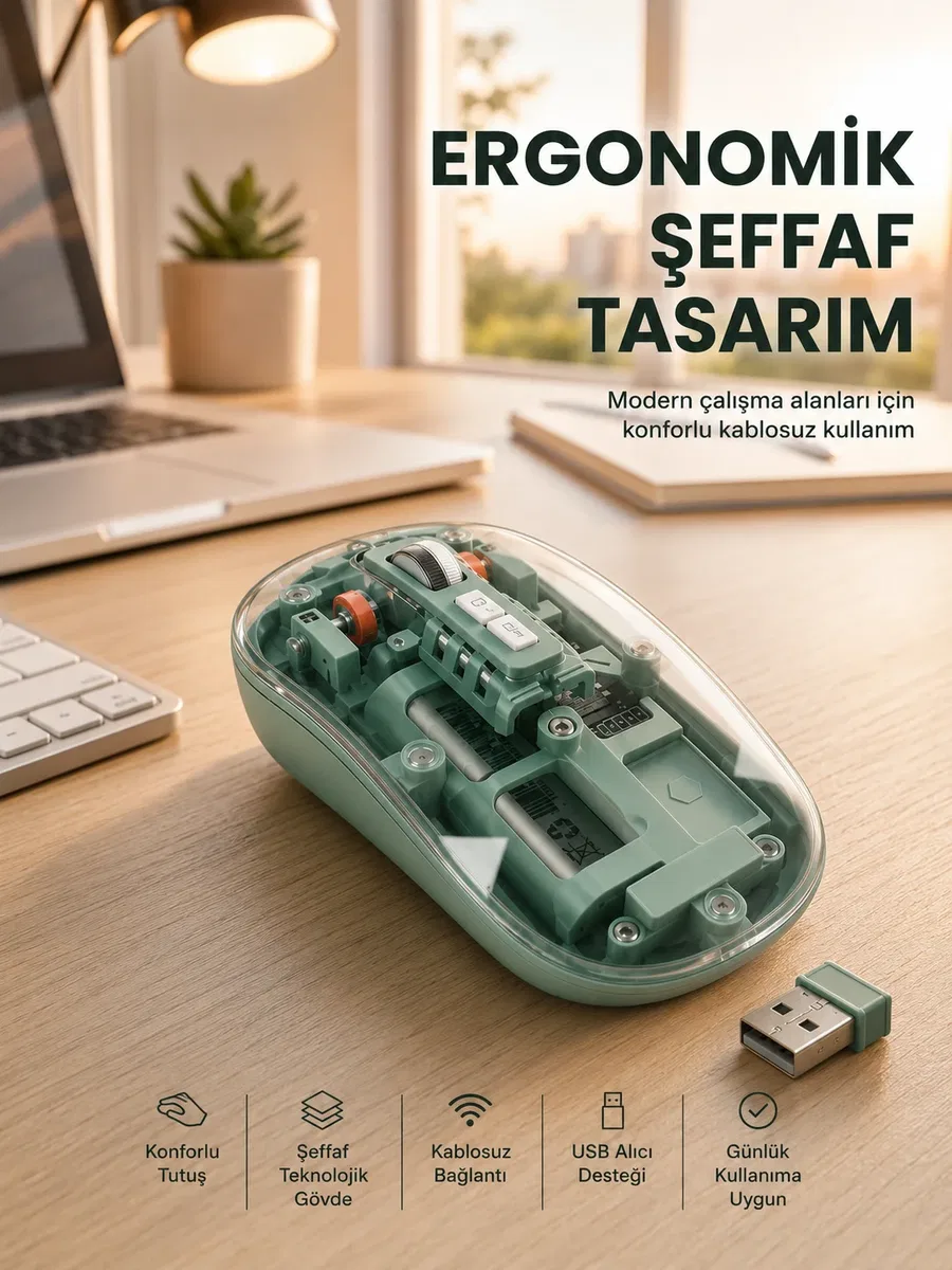 Bluetooth ve 2. 4G USB Destekli Pilli Kablosuz Şeffaf Mouse Yeni Nesil