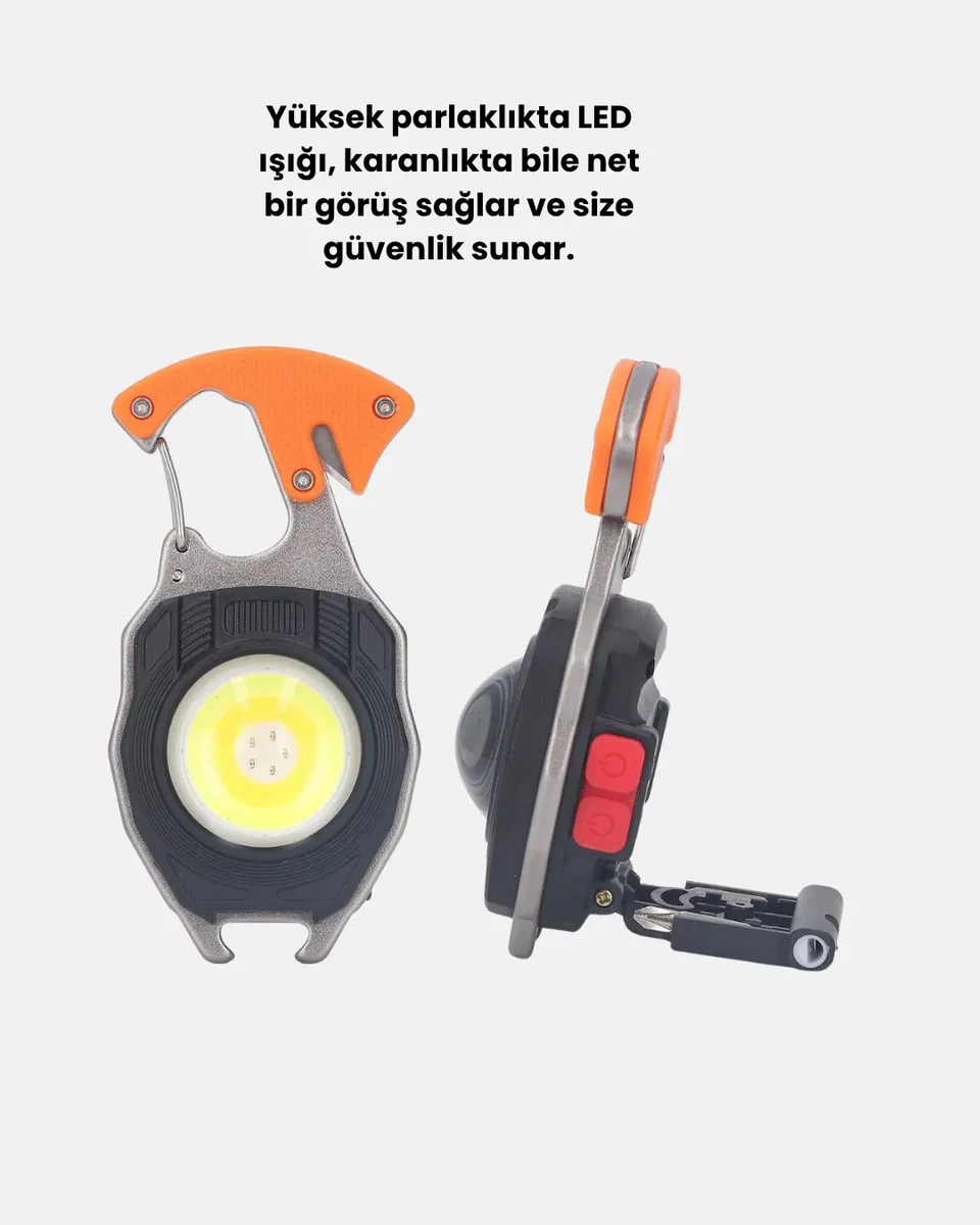 Mini LED Anahtarlık Fener – Şişe Açacağı, Tornavida, Düdük ve USB Şarj Özellikli görsel 5