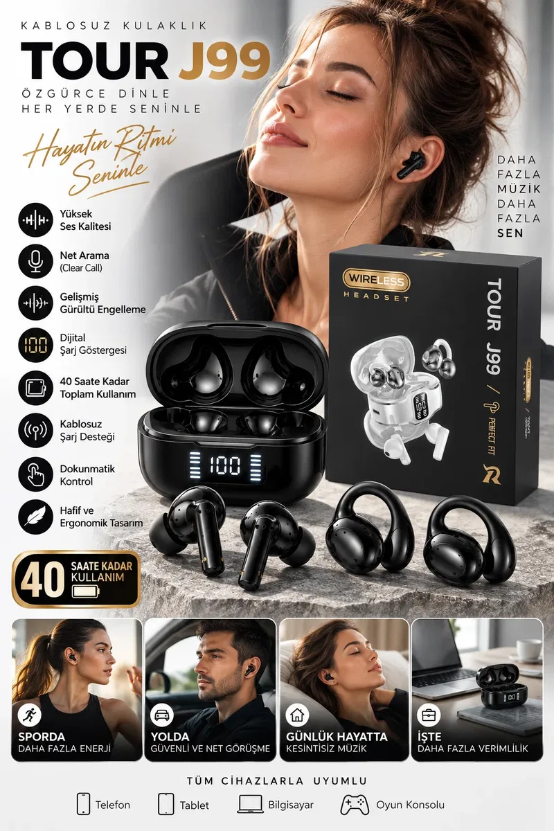 Küpe Tasarımını Sevenlere 4 Kulaklıklı Bluetooth Kulaklık Seti Kulağa Girmeyen Tasarım