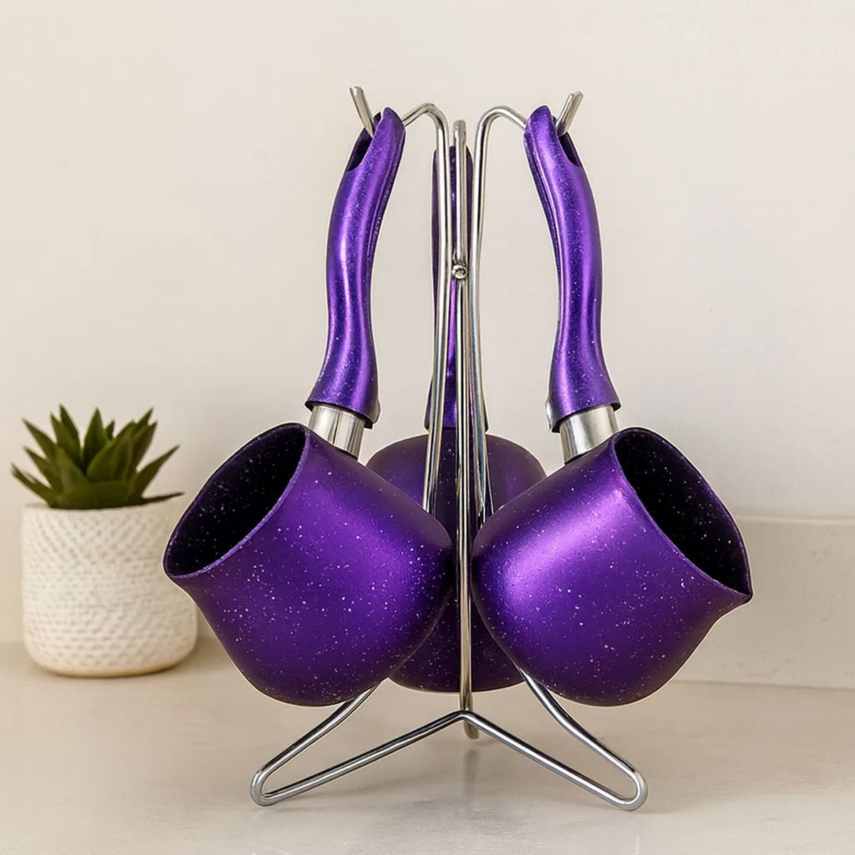 Granit Çelik Cezve Seti 4'lü (230/280/380 ml) Metal Standlı