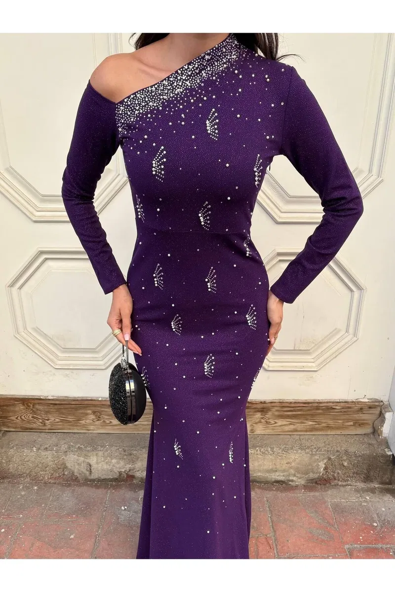 Kadın Trend Model Tek Omuz Tek Kol Gömlek Abiye Elbise görsel 6