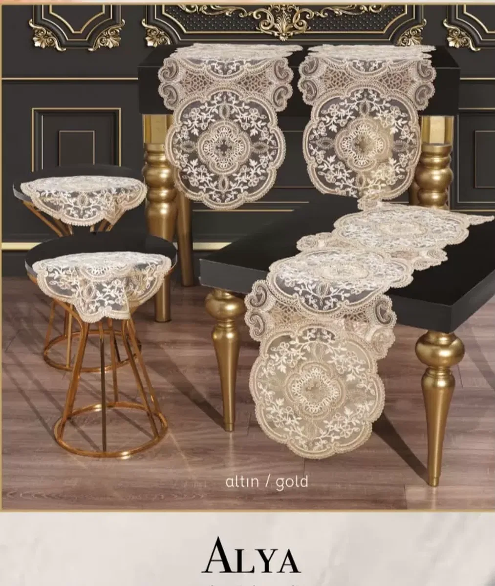 Salon Takımı 5 Parça Dantelli Masa Örtüsü Runner Seti Alya Model - Gold görsel 7