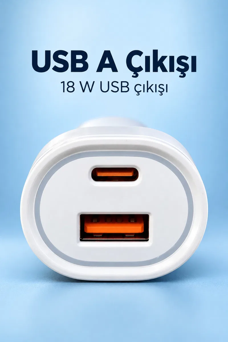 Type C ve USB A Çift Çıkışlı Araç Şarj Aleti