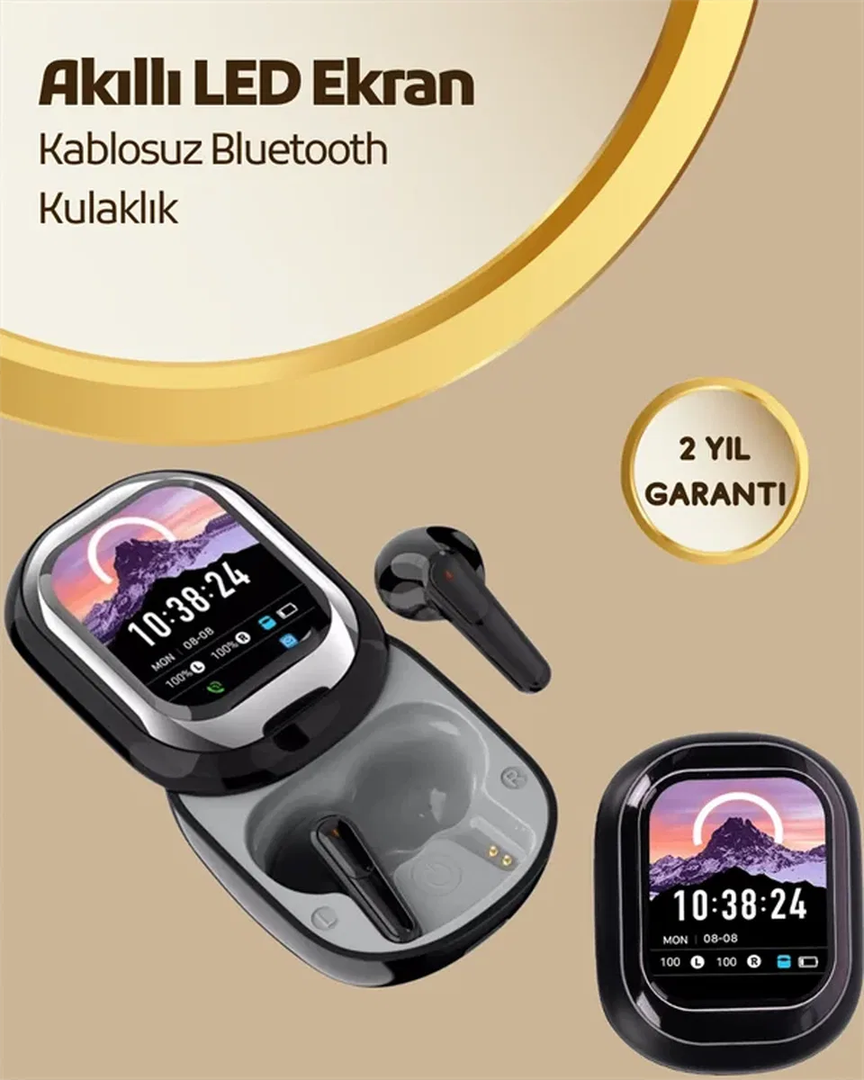 Akıllı Ekranlı Bluetooth 5. 4 Kablosuz Kulaklık – Dokunmatik ve Şarj Kutulu görsel 2