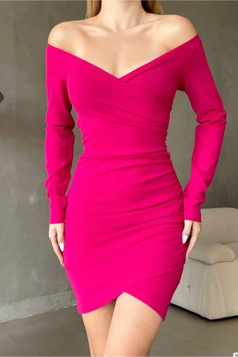 Kadın Kruvaze Yaka Büzgülü Mini Uzun Kollu Elbise görsel 2