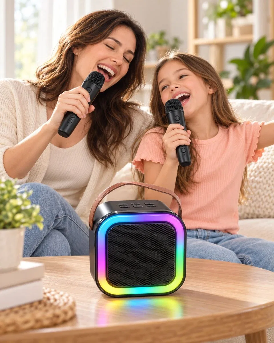 Taşıma Askılı Siyah Led Işıklı Bluetooth Hoparlör Çift Mikrofonlu Karaoke Seti görsel 3