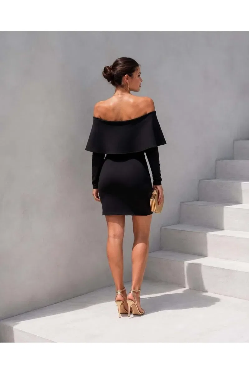Kadın İnce Carmen Yaka Düşük Kol Bodycon Mini Elbise görsel 4