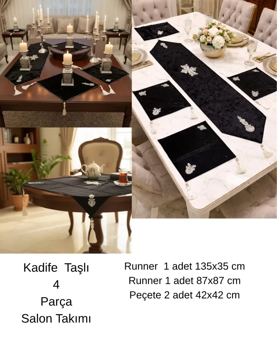 Salon Takımı 4 Parça Velvet Kadife Taşlı Masa Örtüsü Runner Seti- Siyah görsel 3