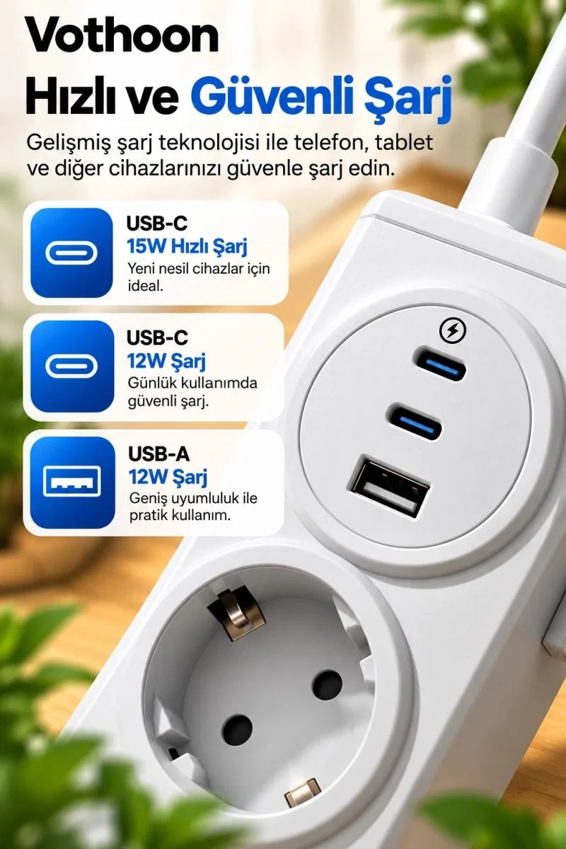 4’lü Akıllı Priz Tek Dokunuşla Fiş Çıkarma 2 Metre Kablo 2 Type-c + Usb 15w Hızlı Şarj 3680w Krem görsel 3
