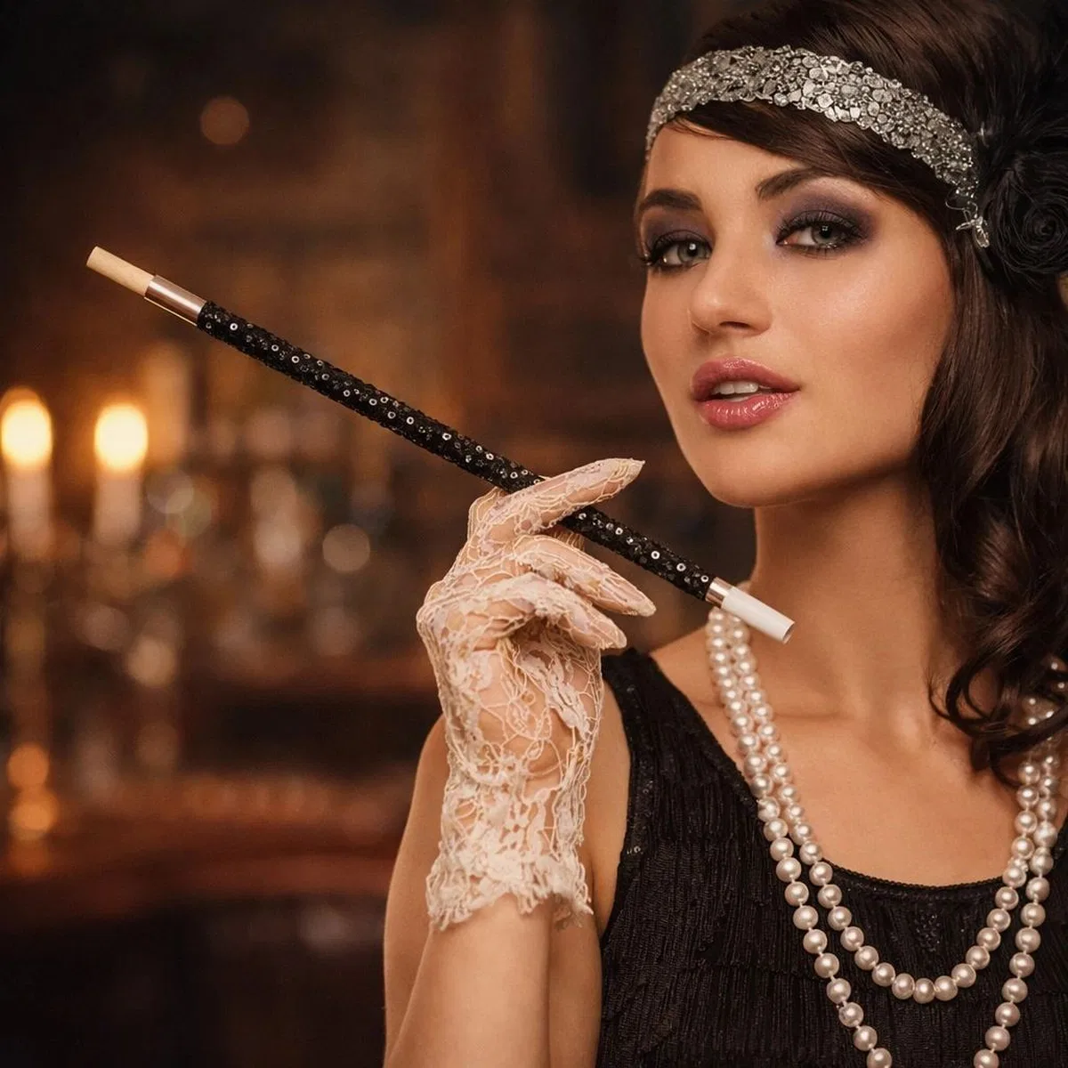 30 Cm Siyah Payetli Tutacağı – 1920’ler Gatsby Parti Aksesuarı görsel 3
