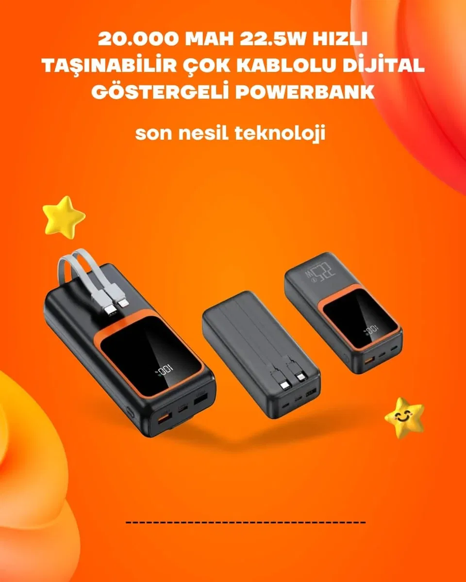 Powerbank 20000 mAh | 22. 5W Hızlı Şarj, Dahili Kablolu, LCD Ekranlı Şarj Cihazı