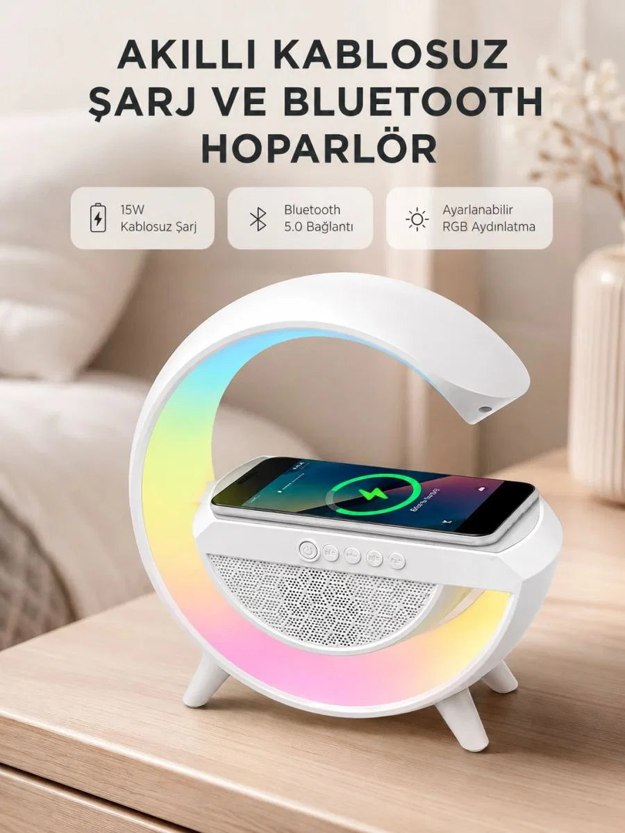 Kablosuz Şarjlı Bluetooth Hoparlör Ve Gece Lambası – Nfc, Fm Radyo, Rgb Işık