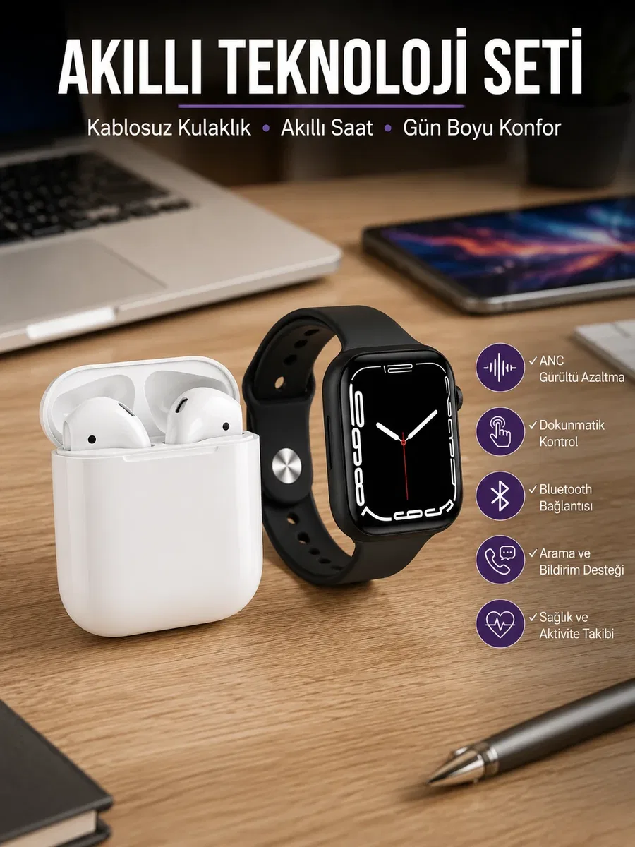 2025 Model Akıllı Saat ve 2. Nesil TWS Bluetooth Kulaklık ANC Özelliği Amoled Ekran