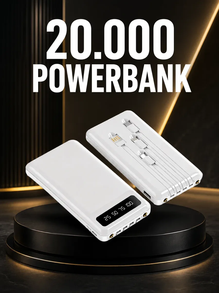 20. 000mAh PD Powerbank LED Işık LCD Ekran Dahili Kablo Çoklu Giriş Yeni Nesil