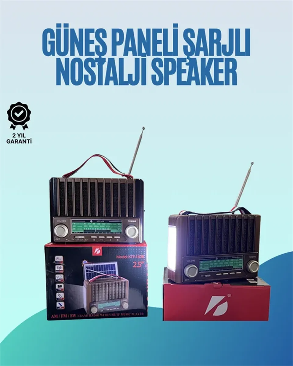 KTF-1428 Nostaljik Solar Enerjili Bluetooth Speaker – Radyo, SD/USB MP3 Çalar, Güçlü Taşınabilir Hoparlör görsel 2