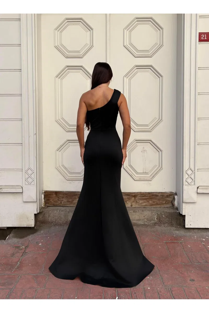 Kadın Klasik Tek Omuz Kolsuz Balık Kesim Abiye Elbise görsel 8