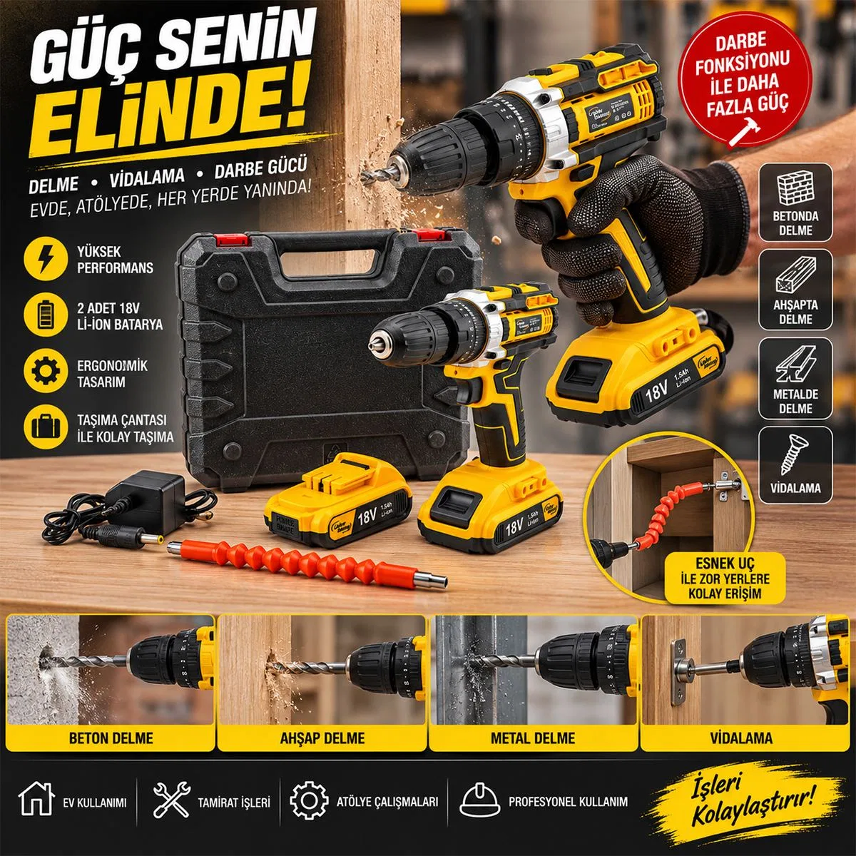 Şarjlı Matkap Seti 1850 RPM 18W Çantalı Yedek Bataryalı (Sarı) görsel 5