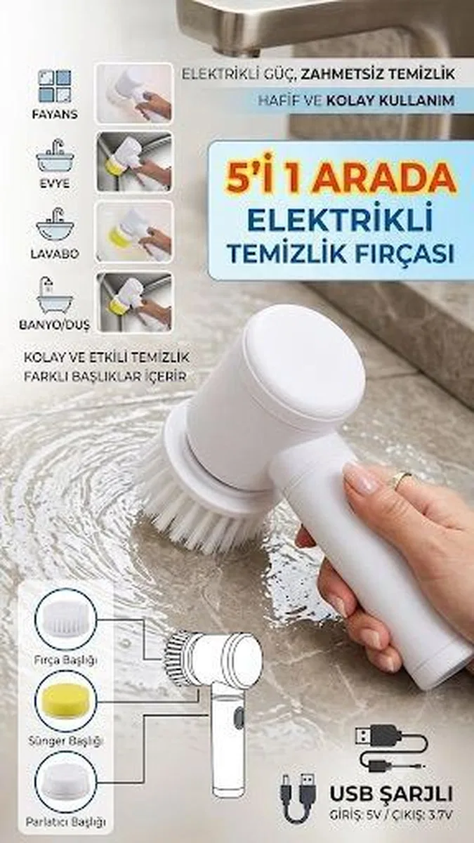 Şarjlı 5 Başlıklı Otomatik Temizleme Fırçası görsel 2