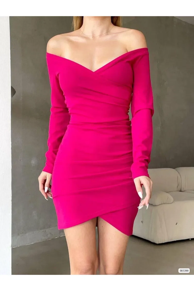 Kadın El Emeği Kruvaze Büzgülü/Fırfırlı Kol Mini Elbise görsel 7