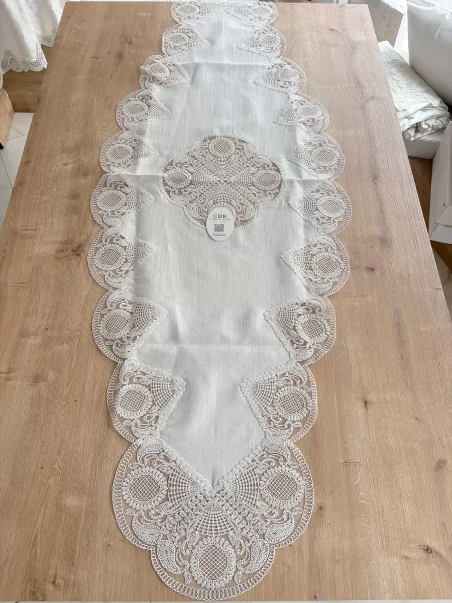 Salon Takımı Çeyizlik Krem Runner Set 5 Parça Keten Ranır Masa Sehpa Konsol Örtüsü Defne görsel 2