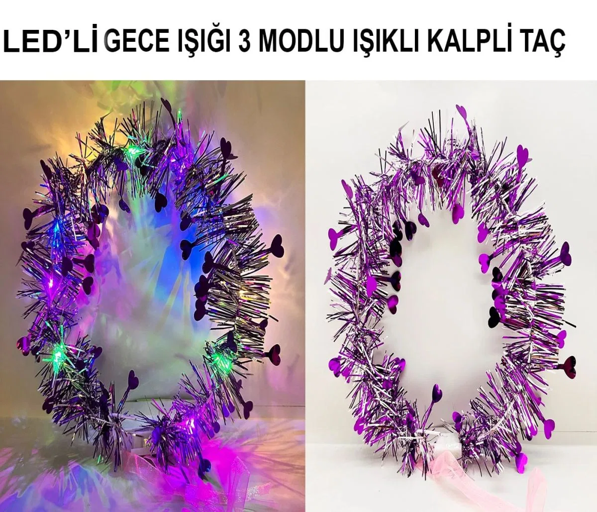 Kalp Püsküllü Gece Parıltısı 3 Modlu Led39li Işıklı Taç Mor Renk görsel 3