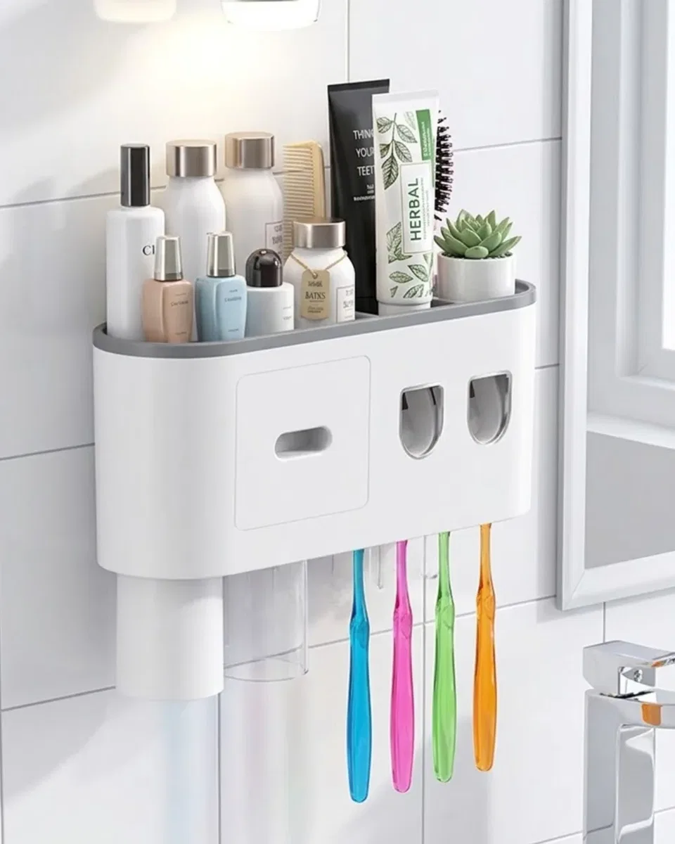 Banyo Organizer Diş Fırçası Tutucu Çift Dispenserli Raflı Çekmeceli