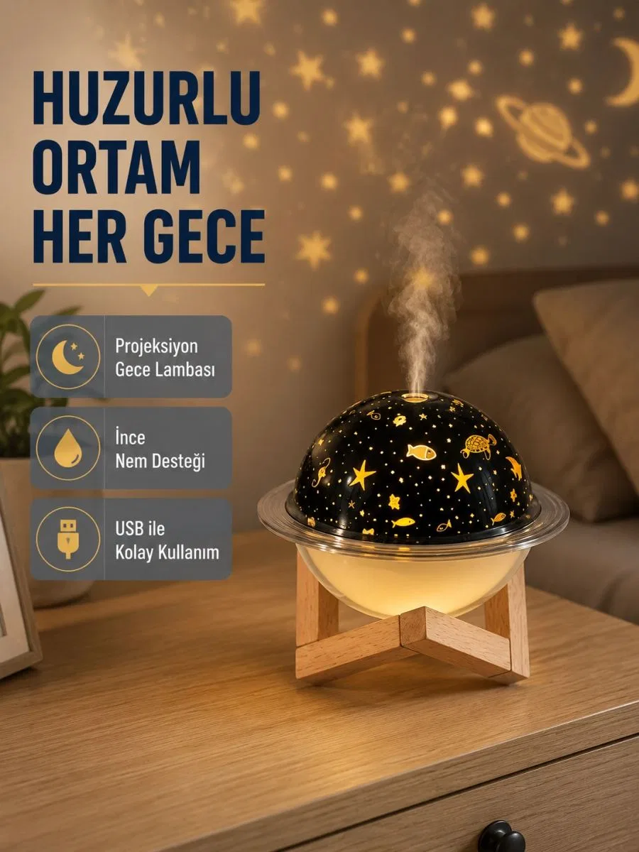 Aromaterapili Usb Hava Nemlendirici – Projeksiyon Işıklı, Sessiz Ve Şık Tasarım