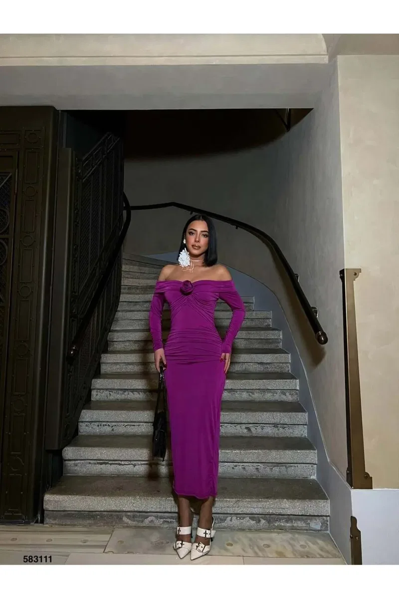 Kadın Modern Stil Kayık Yaka Uzun Kol Bodycon Midi Elbise