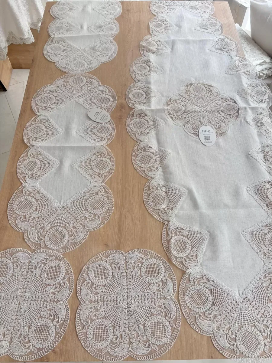 Salon Takımı Çeyizlik Krem Runner Set 5 Parça Keten Ranır Masa Sehpa Konsol Örtüsü Defne görsel 3