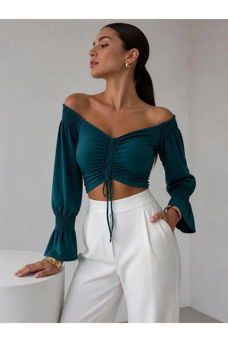 Kadın El Emeği Kayık Yaka Büzgülü/Fırfırlı Kol Crop Bluz