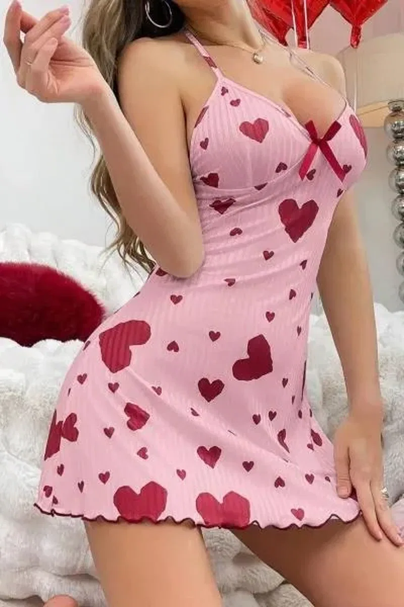 Kadın Pembe Kırmızı Kalp Desenli Askılı Sırt Dekolteli Elbise 5064 görsel 2