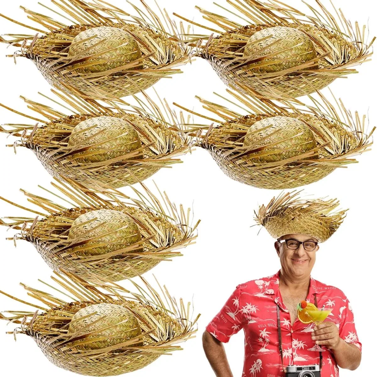 Tropikal Parti Naturel Hasır Hawaii Şapkası 13x36 Cm görsel 2