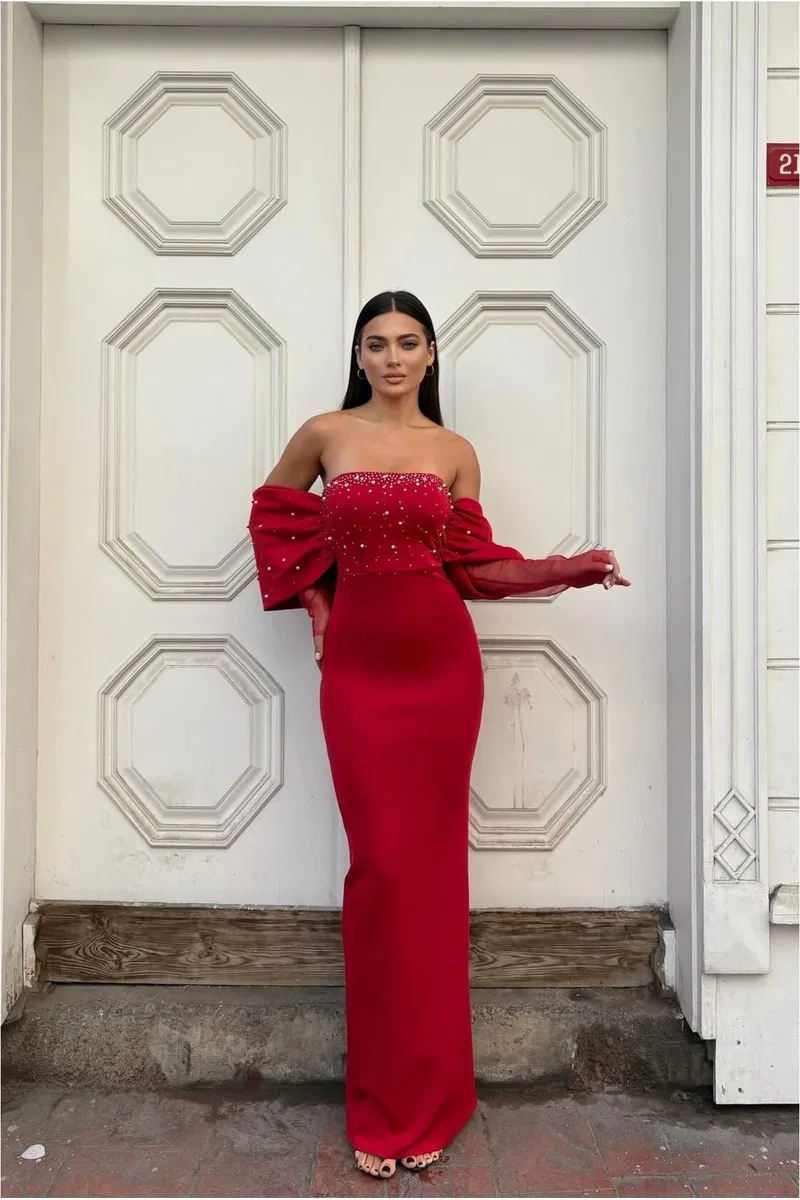 Kadın Trend Model Esnek Tül Kumaş Straplez Abiye Elbise görsel 5