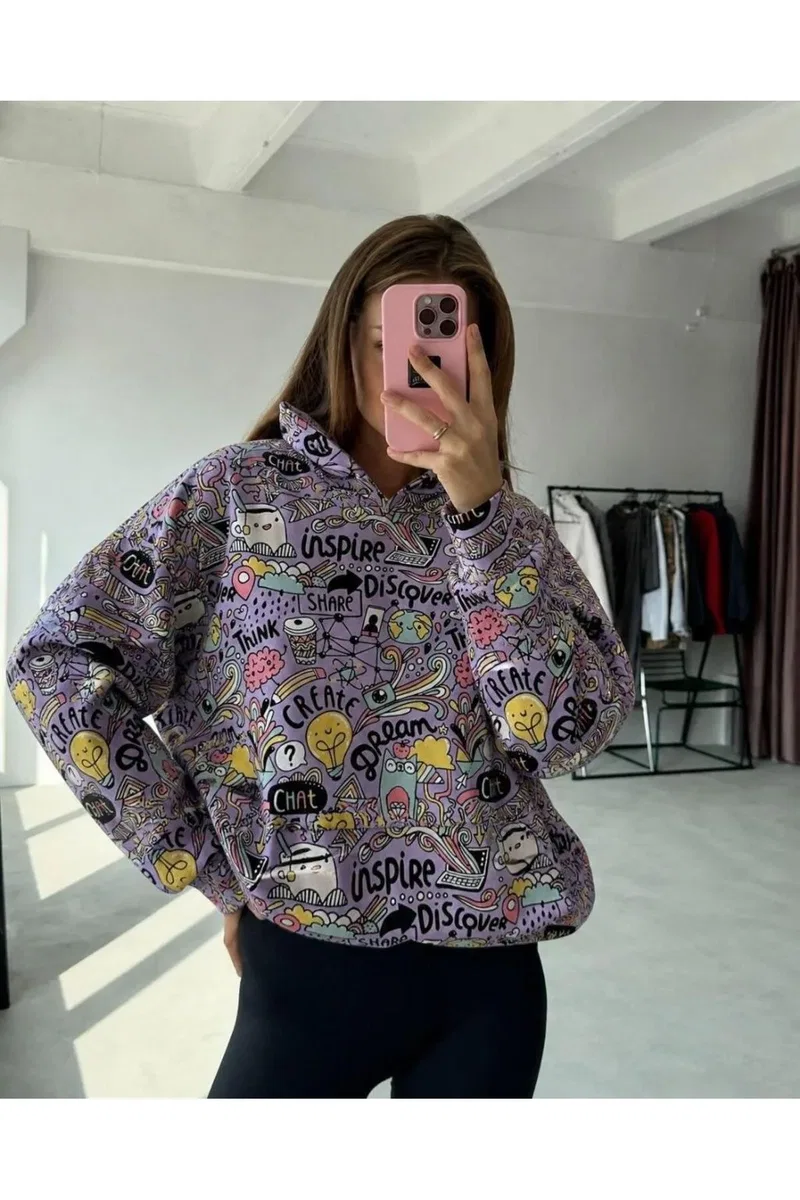 Kadın Zarif Detay Kapüşonlu Uzun Kol Renkli Jogger Sweatshirt görsel 4