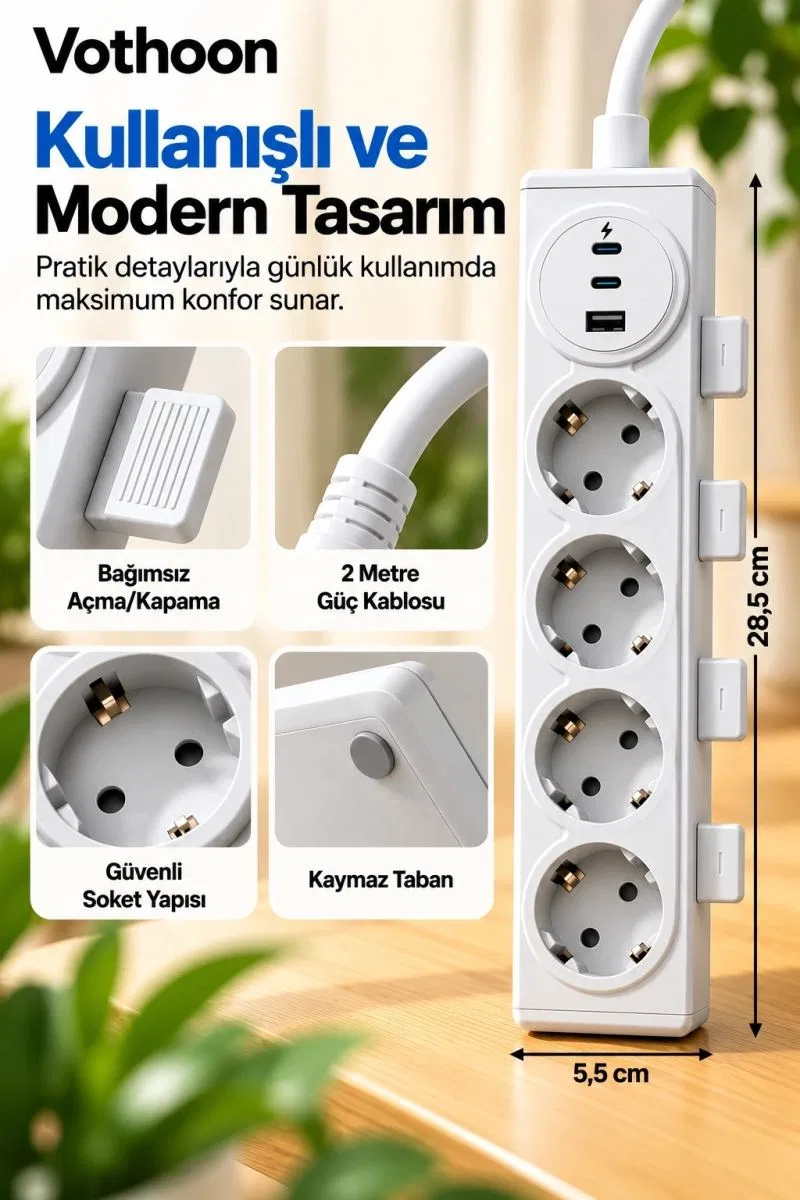 4’lü Akıllı Priz Tek Dokunuşla Fiş Çıkarma 2 Metre Kablo 2 Type-c + Usb 15w Hızlı Şarj 3680w Krem görsel 2