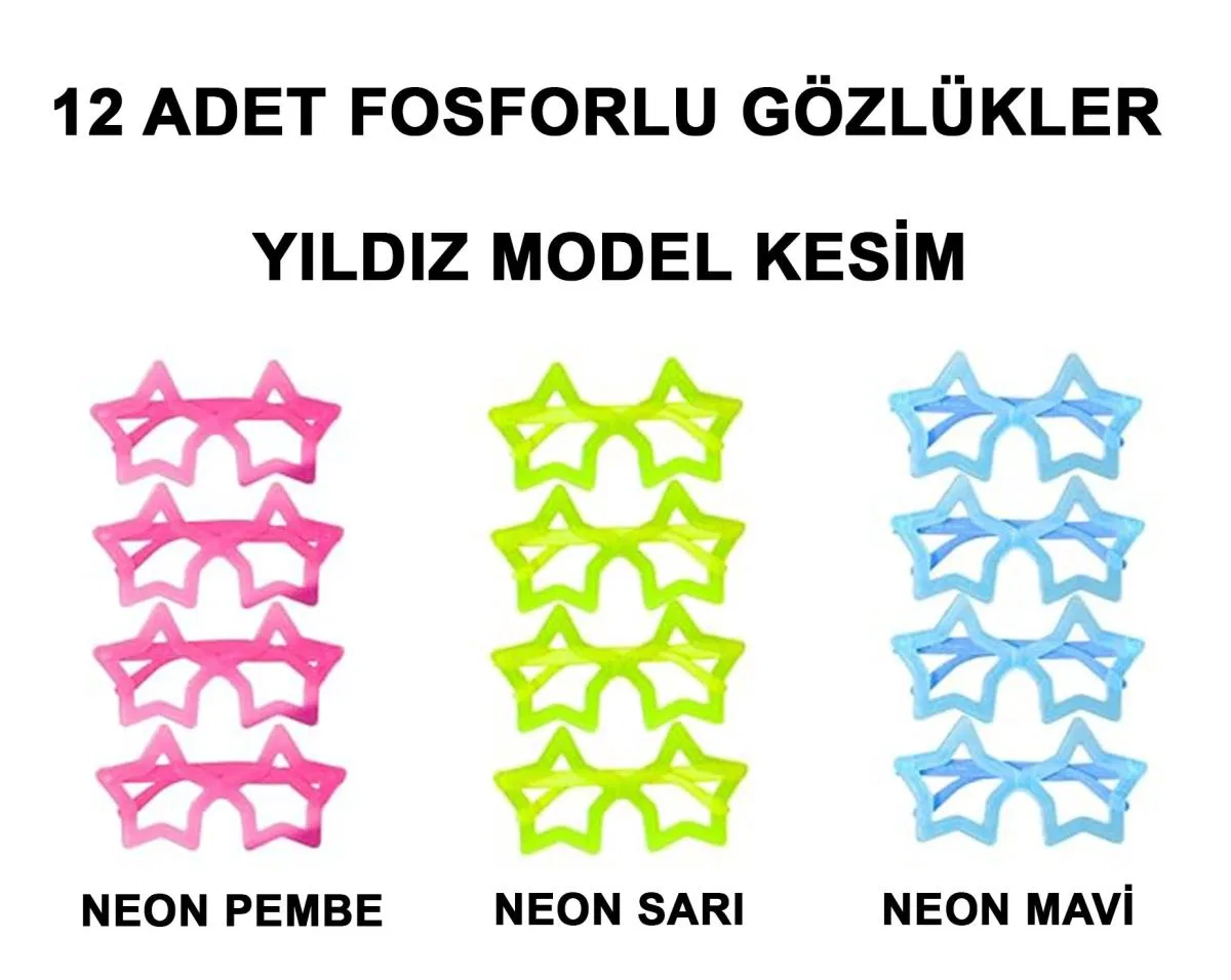 Fosforlu Yıldız Model Glow Parti Gözlüğü Karanlıkta Yanan Gözlükler 12 Adet görsel 3