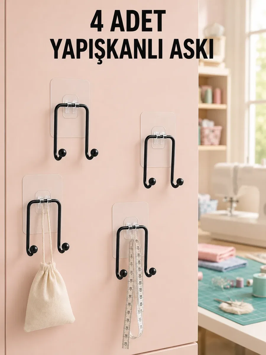 4 Adet Çok Amaçlı Yapışkanlı Askılık Ev Düzenleyici Duvar Askı Seti