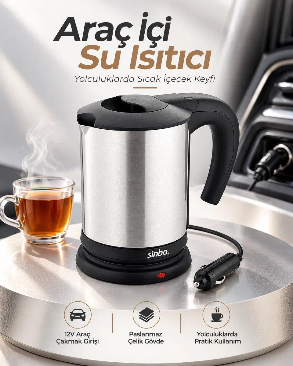 Uzun Yol ve Seyahatlerde Kullanıma Uygun 12V Araç Çakmak Girişli Taşınabilir Su Isıtıcı