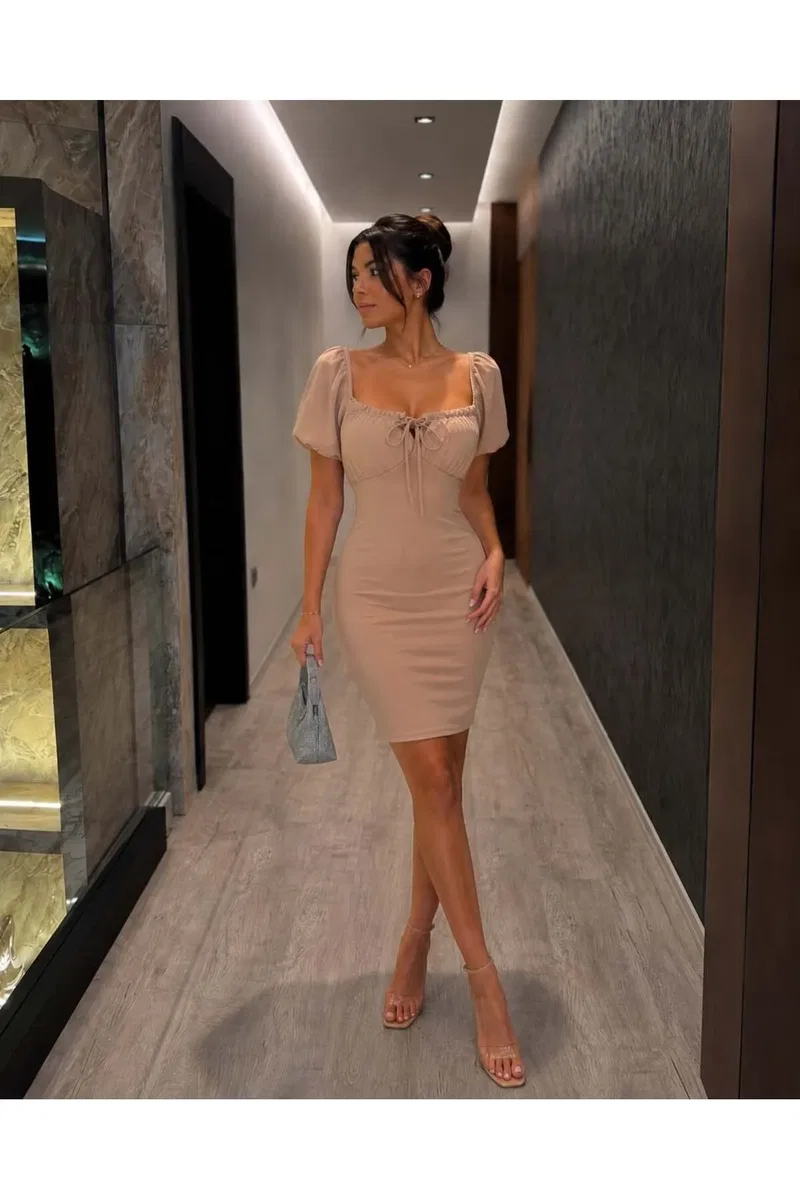 Kadın Tasarım Kısa Kol Krep Kumaş Bodycon Abiye Elbise görsel 4