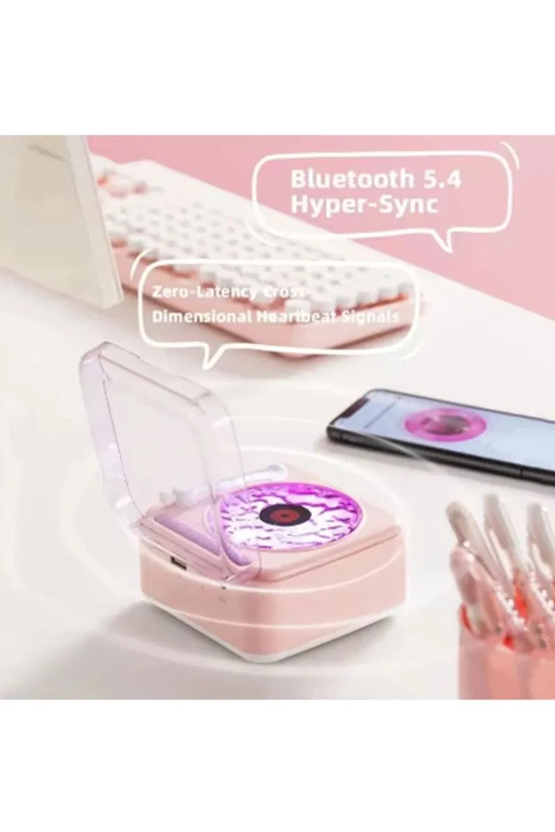 Nostalji Mini Plak Görünümlü Radyolu Bluetooth Hoparlör 3d Ses Dalgası Retro Müzik Plak Pembe görsel 2