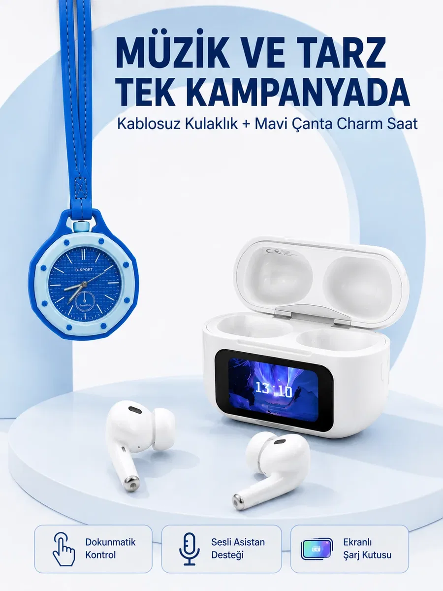 Ekranlı Kablosuz Kulaklık ve Mavi Çanta Charm Saat Kampanya Seti
