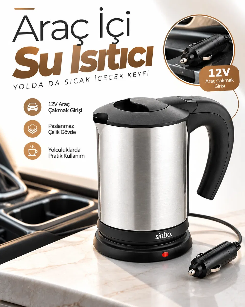 Araçta Sıcak Su Hazırlamak İçin 12V Çakmak Girişli Paslanmaz Çelik Su Isıtıcı Kettle